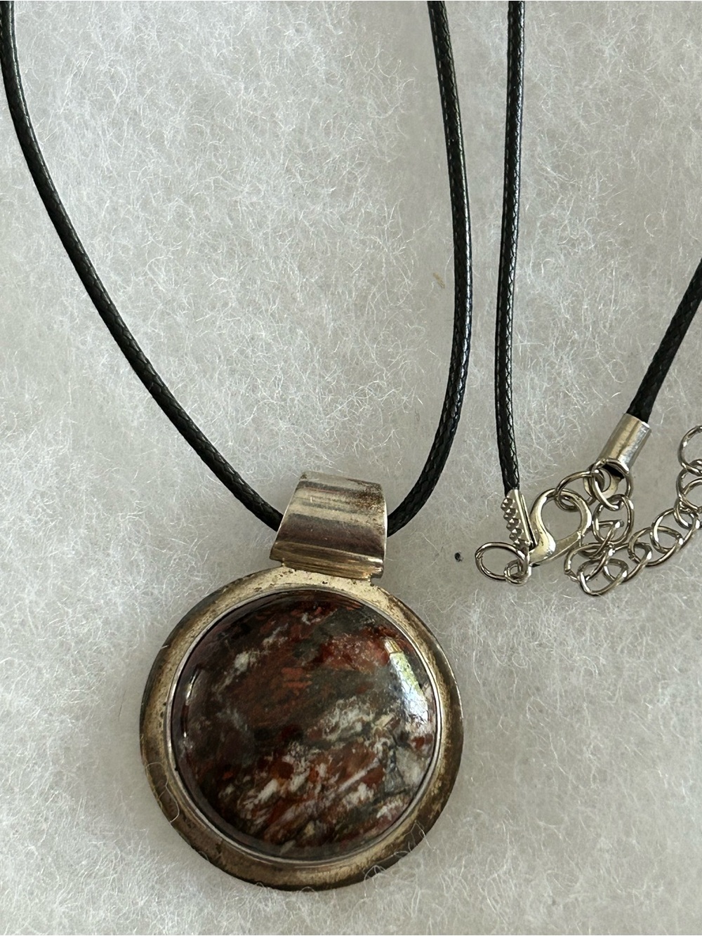 Sterling-Style Brown Agate Round Pendant Necklace – Black Cord